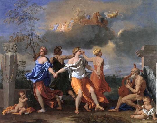 Pauvreté, Peine, Richesse et Luxe dansant sous les yeux d'Apollon.